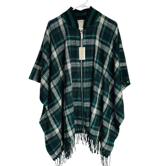 Charlie Paige Plaid Poncho Womens One Size Green Blue Flannel Zip Up Fringe NWT - Picture 1 of 7